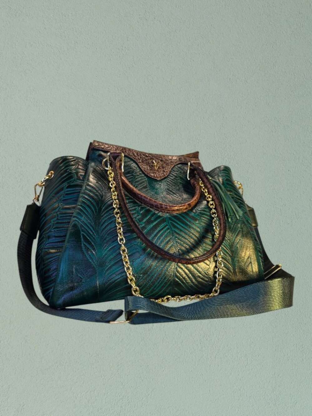 Green and Brown Croc One-of-a-Kind Designer Satchel by Yahn Vanziano NWOT - Picture 8 of 9